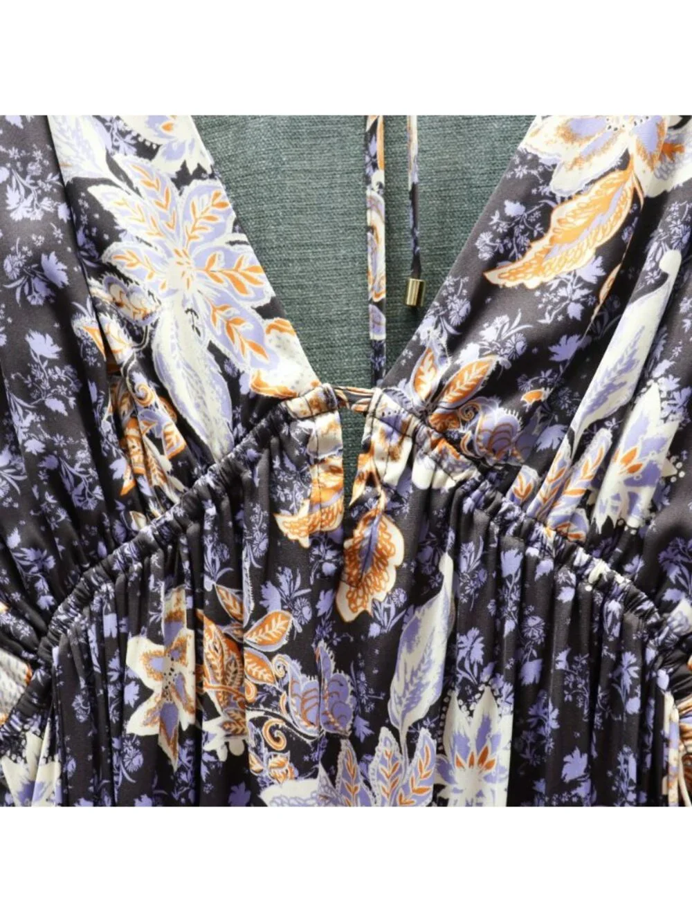 Free People Soli Plunge Neck Mini Dress XL Blue Floral Long Sleeve Boho NWOT